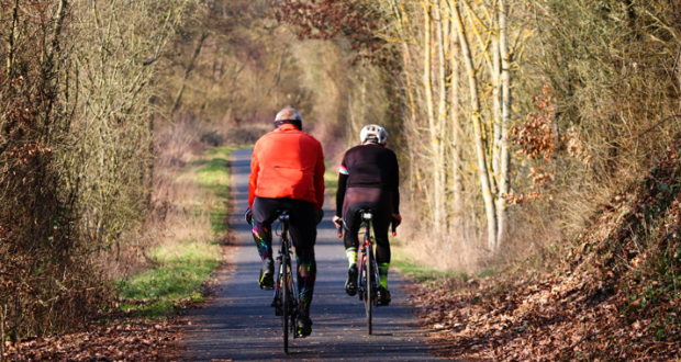 Two people cycling on a cycle path surrounded by trees. 